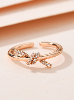 独特小众绳结戒指女蝴蝶结指环925银镶钻开口戒精致时尚