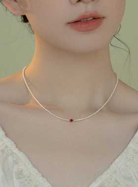 轻奢精品法式珍珠项链小香风14K包金红水晶颈链小众简约百搭锁骨
