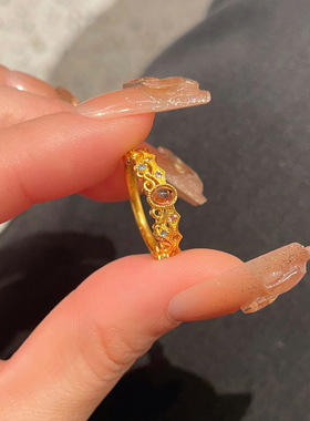 新中式精致古法金色镶嵌开可调节戒指小众宫廷时尚轻奢高级感指环