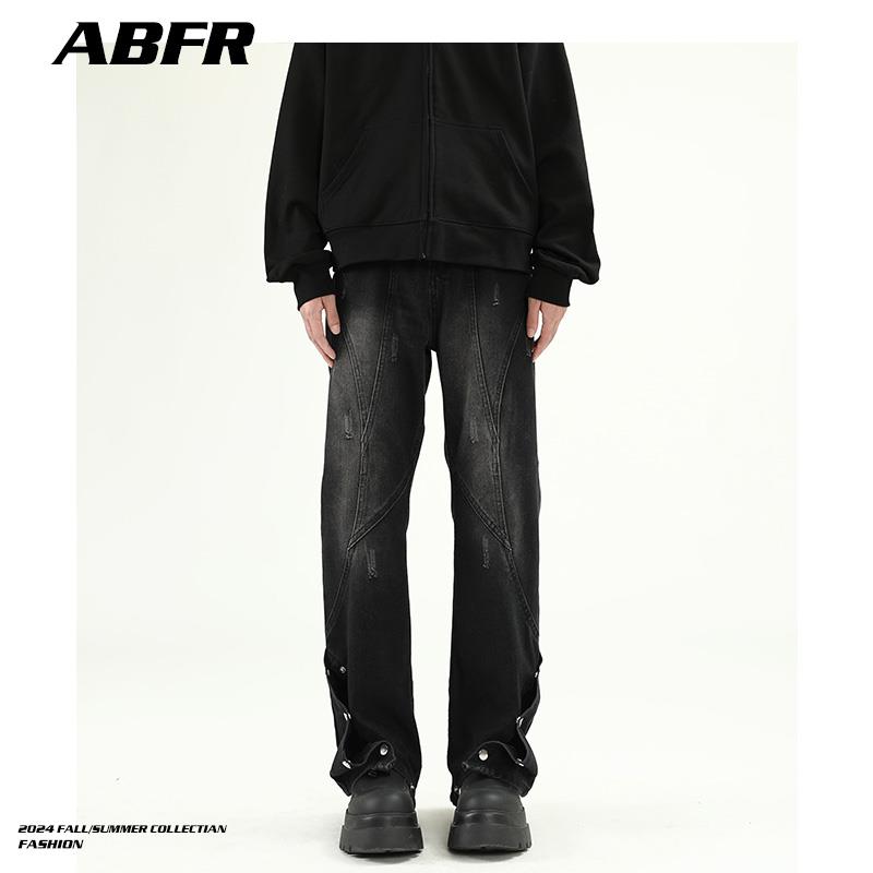 ABFR美式高街vibe风黑灰色微喇牛仔裤潮牌复古做旧修身直筒裤子男 - 图2