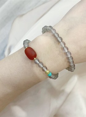 新品天然灰玛瑙搭配老玛瑙转运珠两圈女款手链 大漆冰X透灰色女款