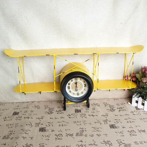 美式复古飞机模型置物架壁饰壁挂螺旋桨钟表创意铁艺墙壁装饰收纳 - 图2