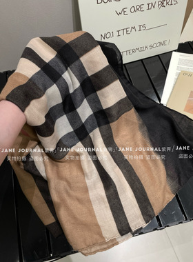 Jane·韩国东大门渐变格子仿棉麻披肩女春秋空调房丝巾轻奢高级