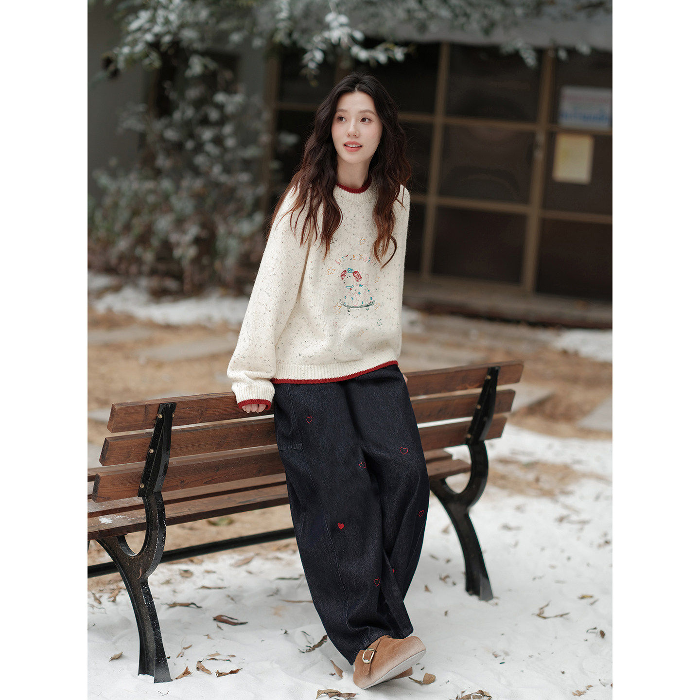 木易易圣诞氛围感毛衣宽松内搭上衣女冬季卡通刺绣撞色小狗针织衫,淘宝优惠券,粉丝福利购,淘宝优惠卷