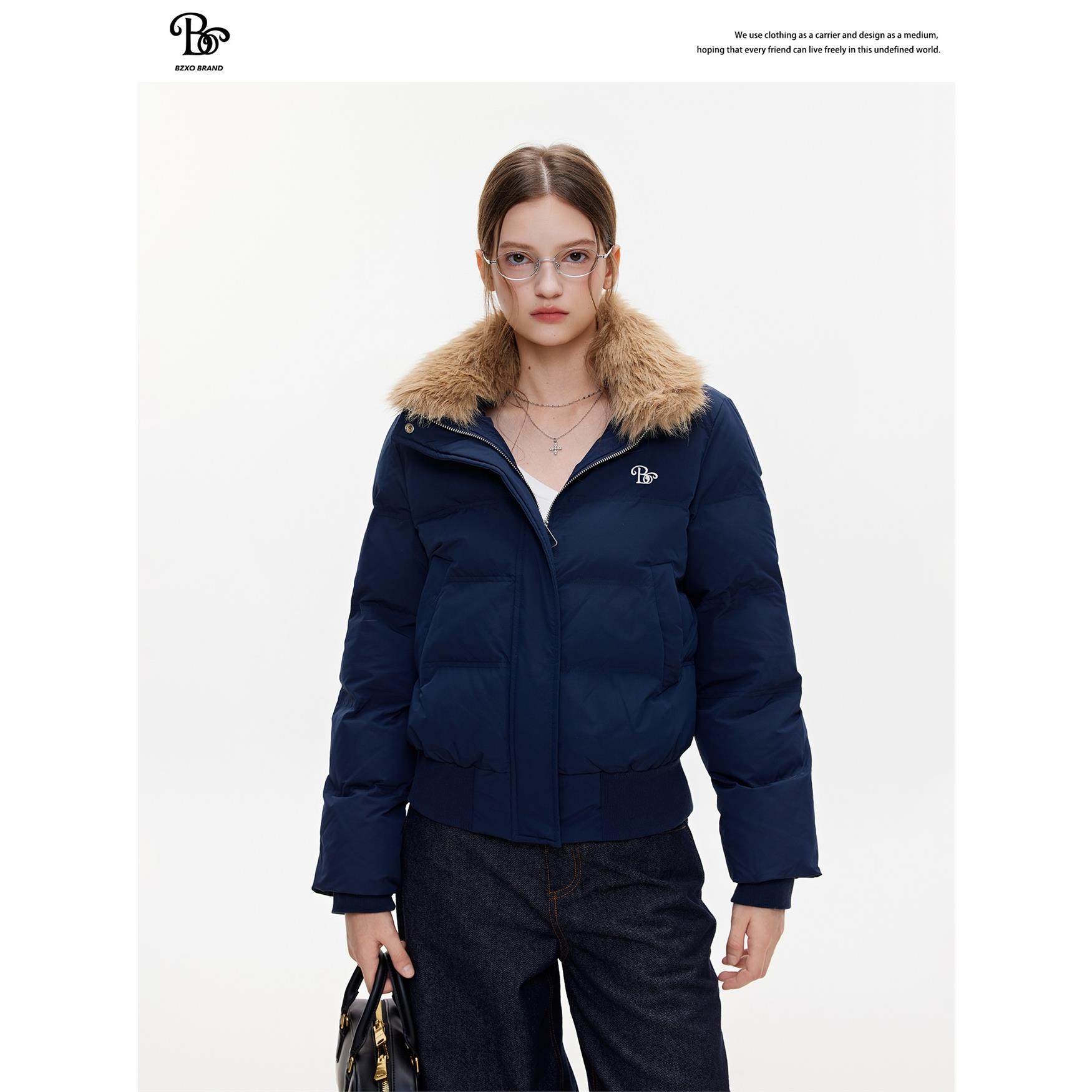 BZXO简约刺绣藏青色大毛领棉衣女冬季新款加厚绒宽松短款棉服外套,淘宝优惠券,粉丝福利购,淘宝优惠卷