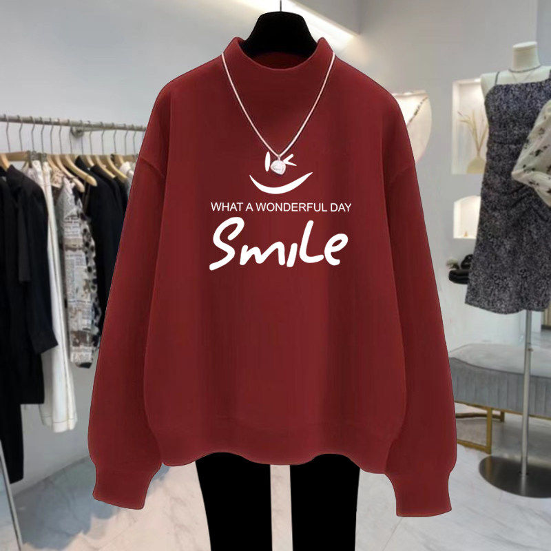 杏色半高领加绒加厚卫衣女宽松减龄2025秋冬新款套头打底外套上衣,淘宝优惠券,粉丝福利购,淘宝优惠卷