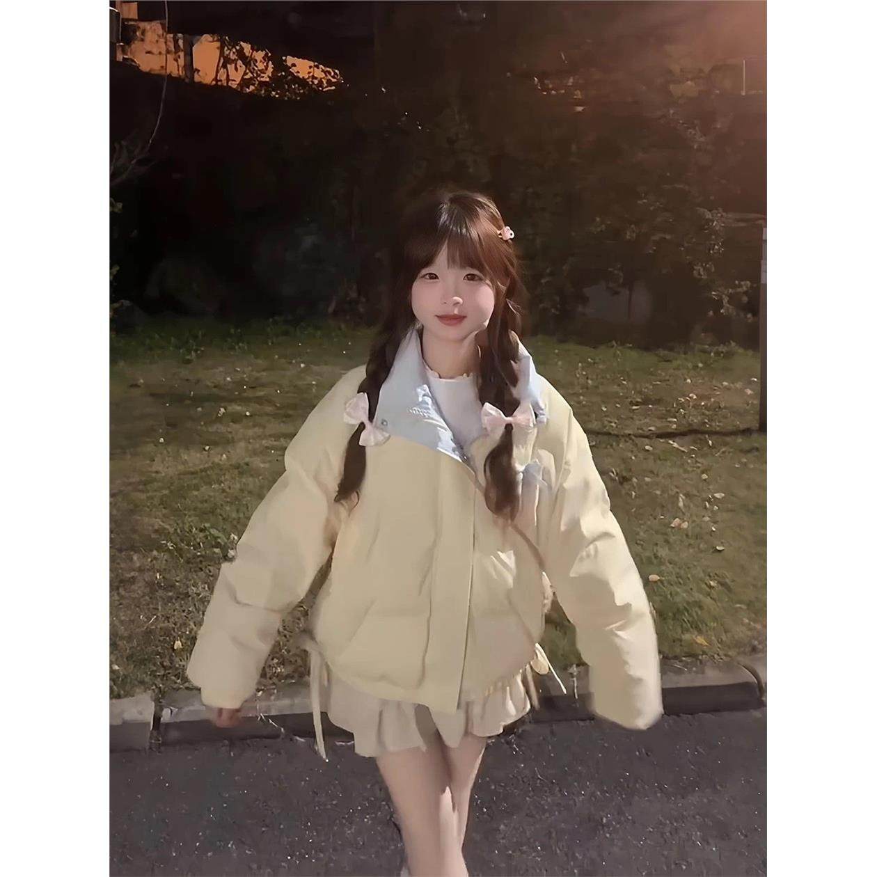 甜美蝴蝶结奶黄色羽绒棉服女2025冬季新款加厚小个子短款棉衣外套,淘宝优惠券,粉丝福利购,淘宝优惠卷