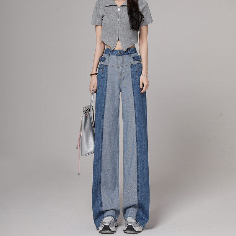 高腰拼接阔腿牛仔裤女2025春季新款宽松显瘦毛边直筒工装裤子,淘宝优惠券,粉丝福利购,淘宝优惠卷