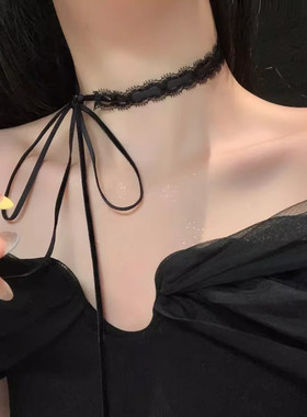 甜酷辣妹黑色蝴蝶结蕾丝绑带项链叠戴choker锁骨链复古设计感颈链