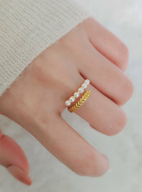 法式复古珍珠麦穗戒指轻奢高级感