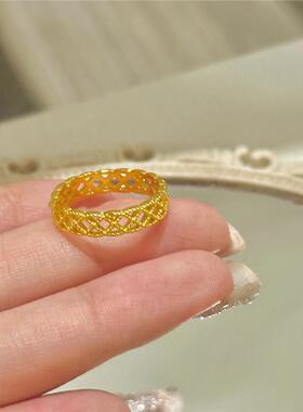 有钱花金色镂空蕾丝戒指女高级感