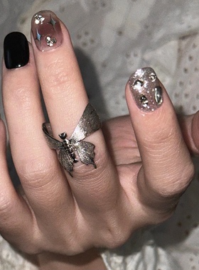 复古朋克金属银色拉丝蝴蝶戒指女
