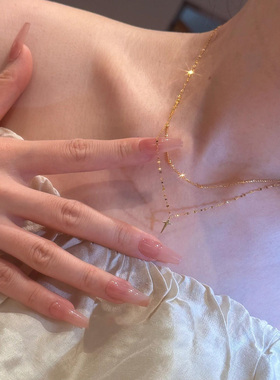 爆闪金色极细双层十字架项链女款