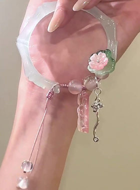 新中式粉色莲花竹节流苏手镯女款