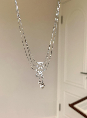 多层蕾丝交叉蝴蝶结流苏项链女款