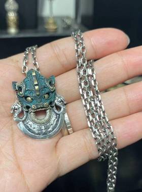 黄铜镀银做旧国风复古男士饕餮神兽斧钺龙纹坠聚财转运挂项链吊坠