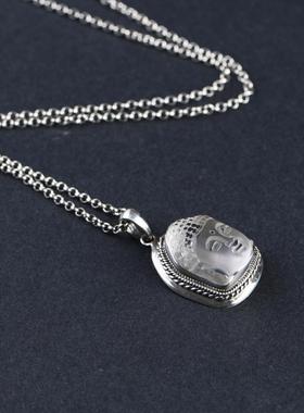 网红 S925银复古麻绳纹银镶嵌白水晶吊坠 女款佛头颈饰项坠