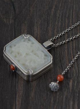 网红 92泰5银复古 女-款时尚中国风和田玉镂雕牡丹银香囊盒套链