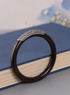 网红-92手5银复古泰银工艺镶嵌檀木凤闭口手镯女款穿牡丹环