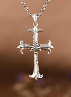 网红- 925银吊坠 复古做旧几何三角眼睛十字架项链坠泰银饰男女