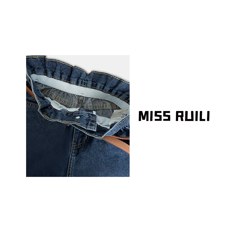 MISS RUILI定制 韩版复古设计感时尚卷边直筒牛仔短裤女A7198