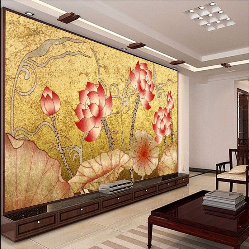 金箔荷花壁纸佛家文化墙贴客厅电视背景壁画金色莲花寺庙佛堂墙纸,淘宝优惠券,粉丝福利购,淘宝优惠卷