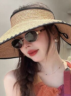 度假草帽女士韩版大帽檐草编空顶帽夏季沙滩海边度假太阳帽可折叠