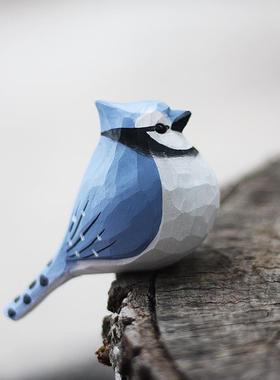 鹿妖商店 肥啾 木雕小鸟 冠蓝鸦 生日礼物 纯手工 实木桌面摆件