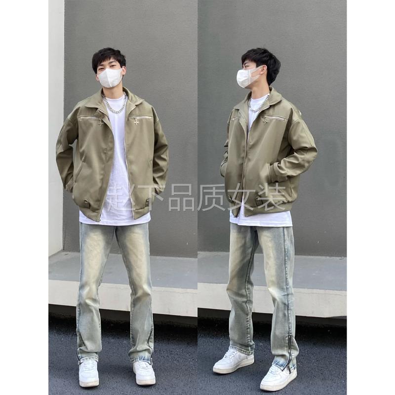 美式设计感工装外套男春秋季痞帅夹克ifashion翻领棒球服一套搭配-图1