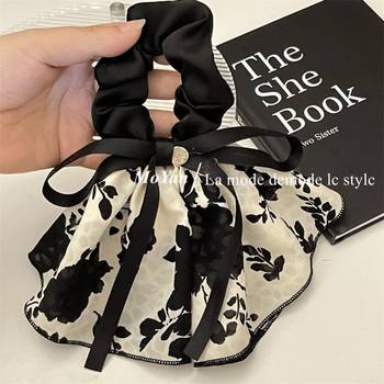 2023 New Retro Printed Bow Ink Skirt Hair Circle Headband Women's High-end Gentle and Elegant Hair Rope Streamer