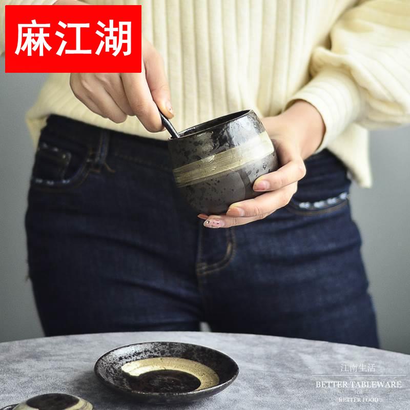 江南生活日式陶瓷蒸蛋盖碗家用炖盅带勺子粗陶笔刷带盖实用小碗