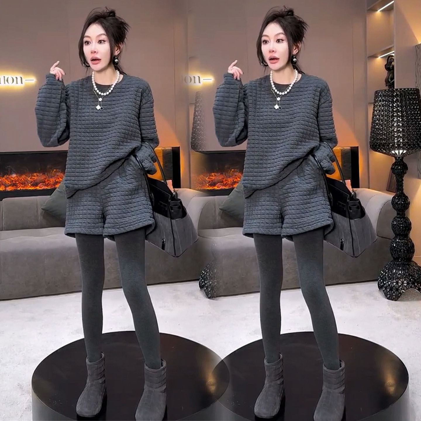 极简风时尚套装女2025秋冬高级感宽松减龄休闲韩版卫衣短裤两件套,淘宝优惠券,粉丝福利购,淘宝优惠卷