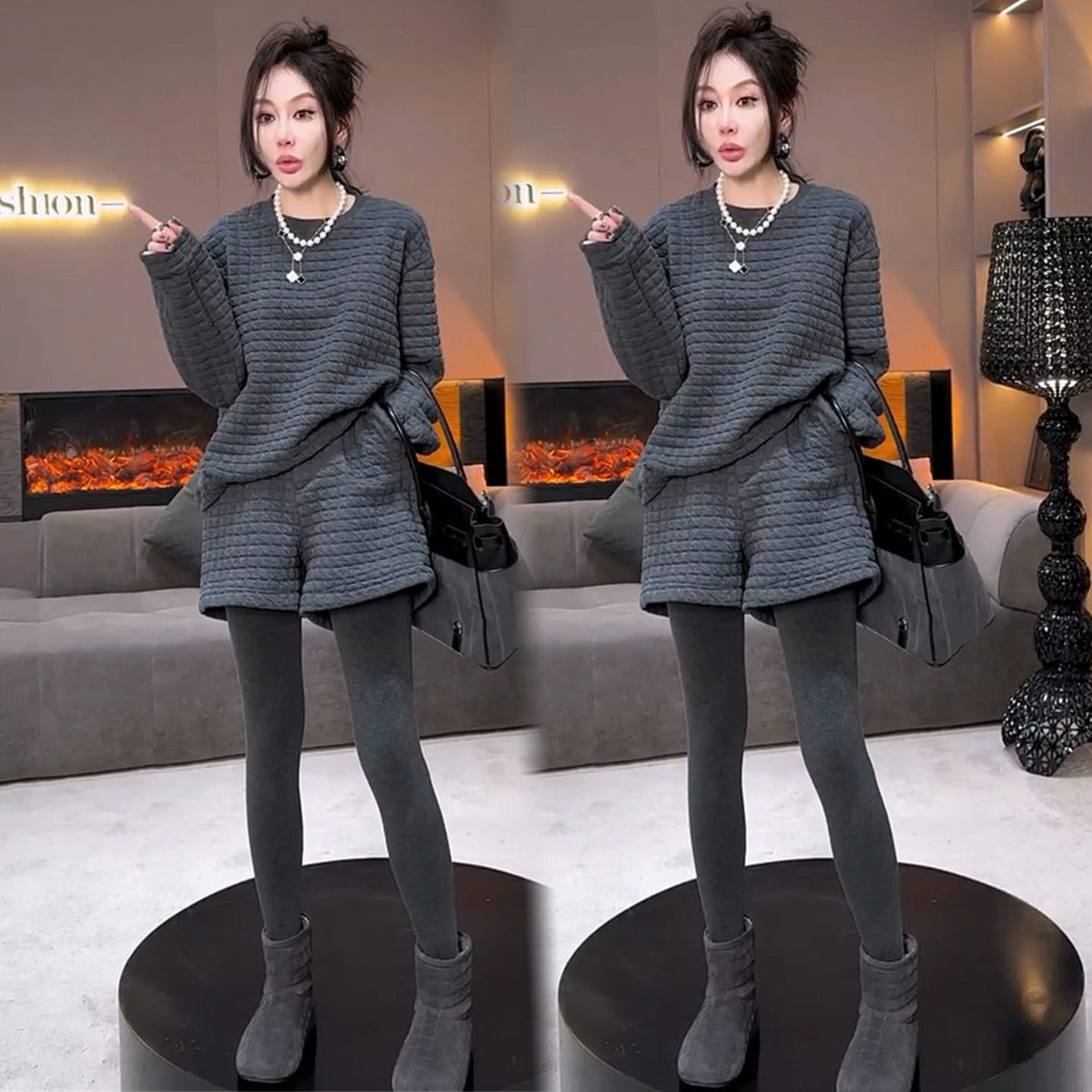 极简风时尚套装女2025秋冬高级感宽松减龄休闲韩版卫衣短裤两件套,淘宝优惠券,粉丝福利购,淘宝优惠卷