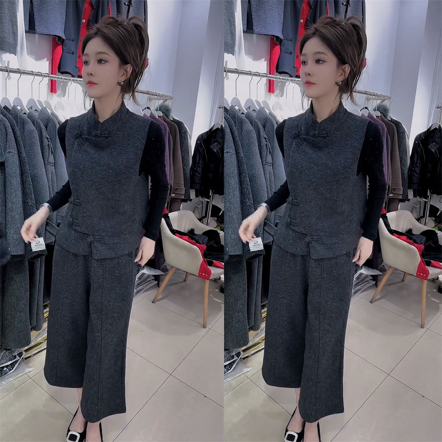 新中式时尚套装女2026春季设计感洋气盘扣马甲t恤阔腿裤三件套冬,淘宝优惠券,粉丝福利购,淘宝优惠卷