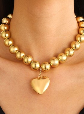 欧美朋克风夸张大圆珠爱心项饰气质小众可拆爱心形个性项链