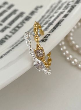 日本品质S925银18K金 几何方钻戒指女设计链条指环个性高级开口食