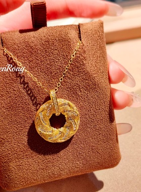 日本品质新中式古法拉丝鎏光织金项链镶钻金色圆满平安扣编织甜甜