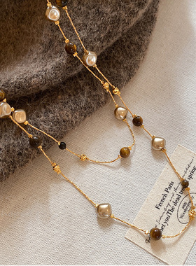 日本品质复古虎眼石长款珍珠串珠项链女小众叠戴毛衣链轻奢高级感