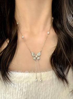 日本品质法式轻奢优雅超仙气质高级感优亮珍珠蝴蝶流苏项链时尚百