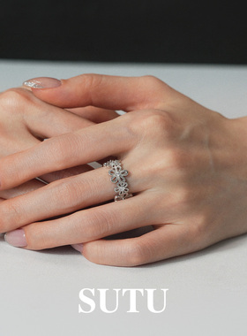 素图女925银蕾丝花朵戒指高级感