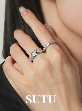 素图女925银菱格纹小众设计戒指