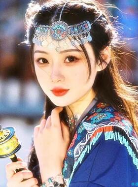 异域公主复古流苏额头链发夹藏族民族风眉心坠头饰套装云南旅游*