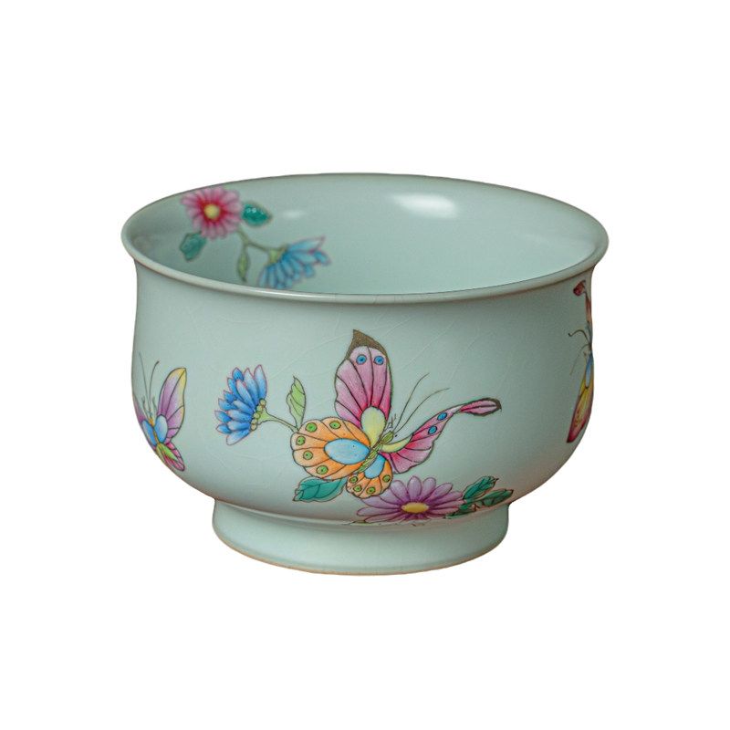 Hand-painted butterflies and flowers Ru Kiln Kung Fu tea cup