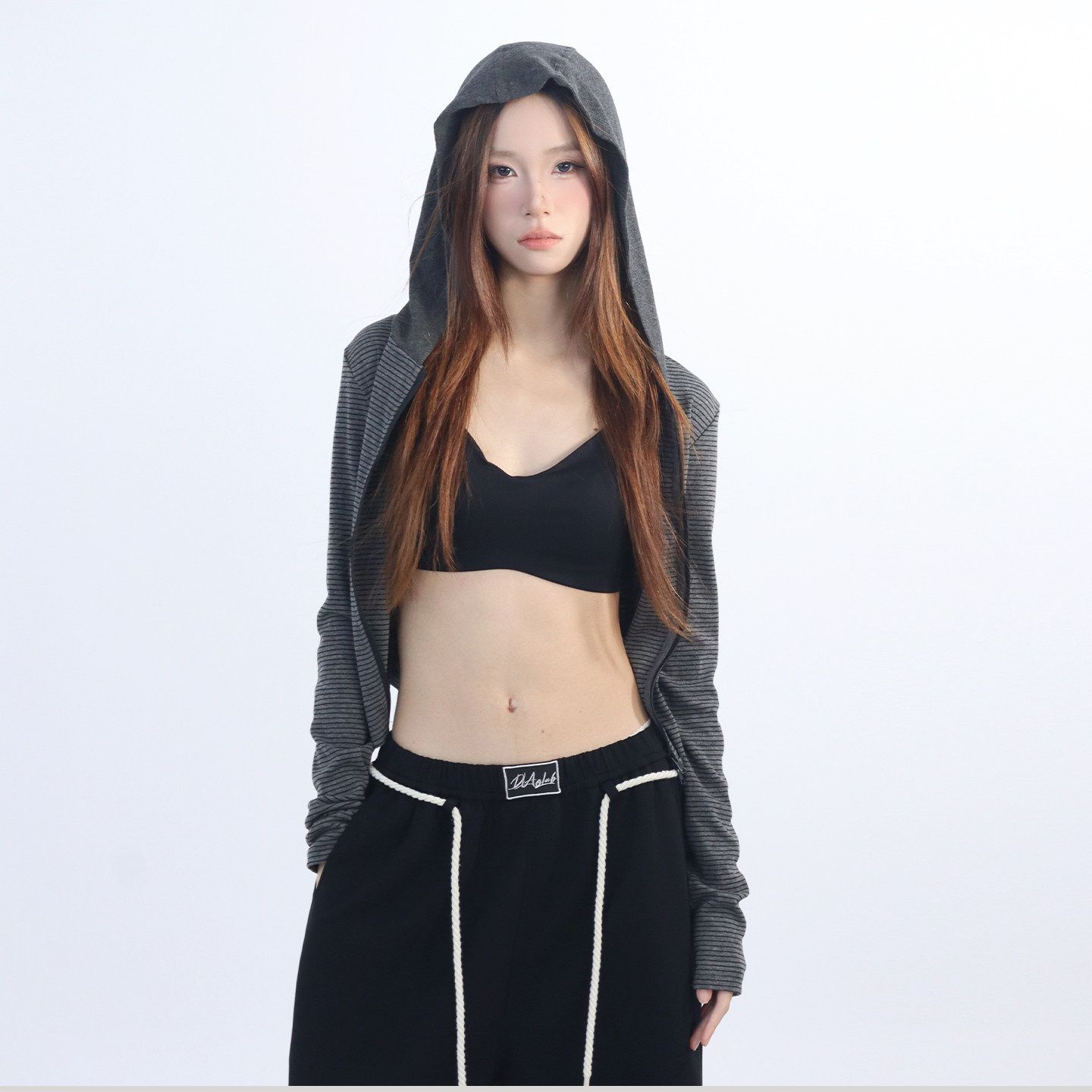 大佬街舞潮牌灰条纹连帽开衫女辣妹复古修身早秋长袖短外套25143,淘宝优惠券,粉丝福利购,淘宝优惠卷