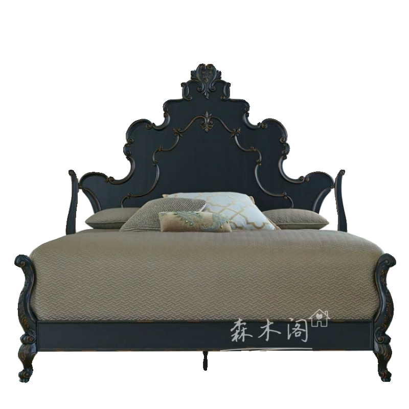 美式乡村实木框架雕花简约欧式卧室双人床复古做旧黑白色弯脚定制