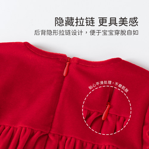 女宝宝红色甜美连衣裙婴儿童保暖哈衣秋冬季公主新年裙子周岁礼服 - 图3