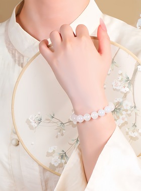 天然白玛瑙手链女款单圈素圈手链串珠冰种白色玉髓玛瑙手串