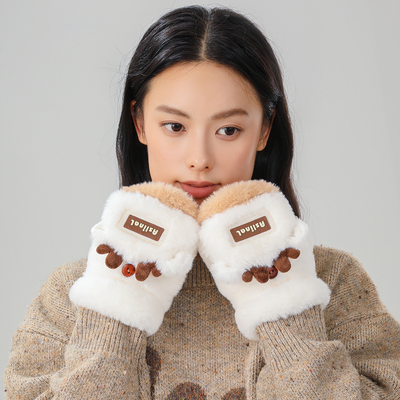 2025款鹿角毛绒手套女冬天加厚保暖可爱学生骑车防寒翻盖半指手套