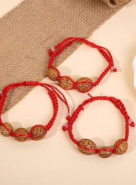 批发手工编织桃核桃蓝手链脚链孕妇护身防惊吓桃木红绳彩绳红线平