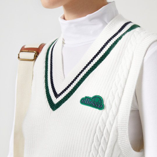 ellesse小贝壳复古学院风经典撞色V领背心女秋冬抗起球毛衣马甲